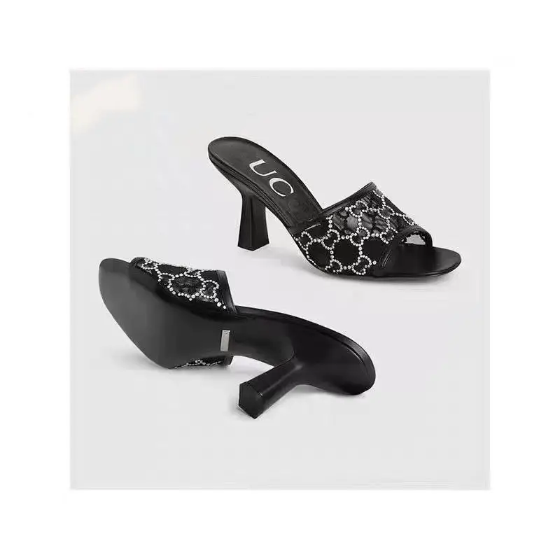 2024 in stock high version new gg summer square mesh drill 7.5cm high heels slippers simple hundred