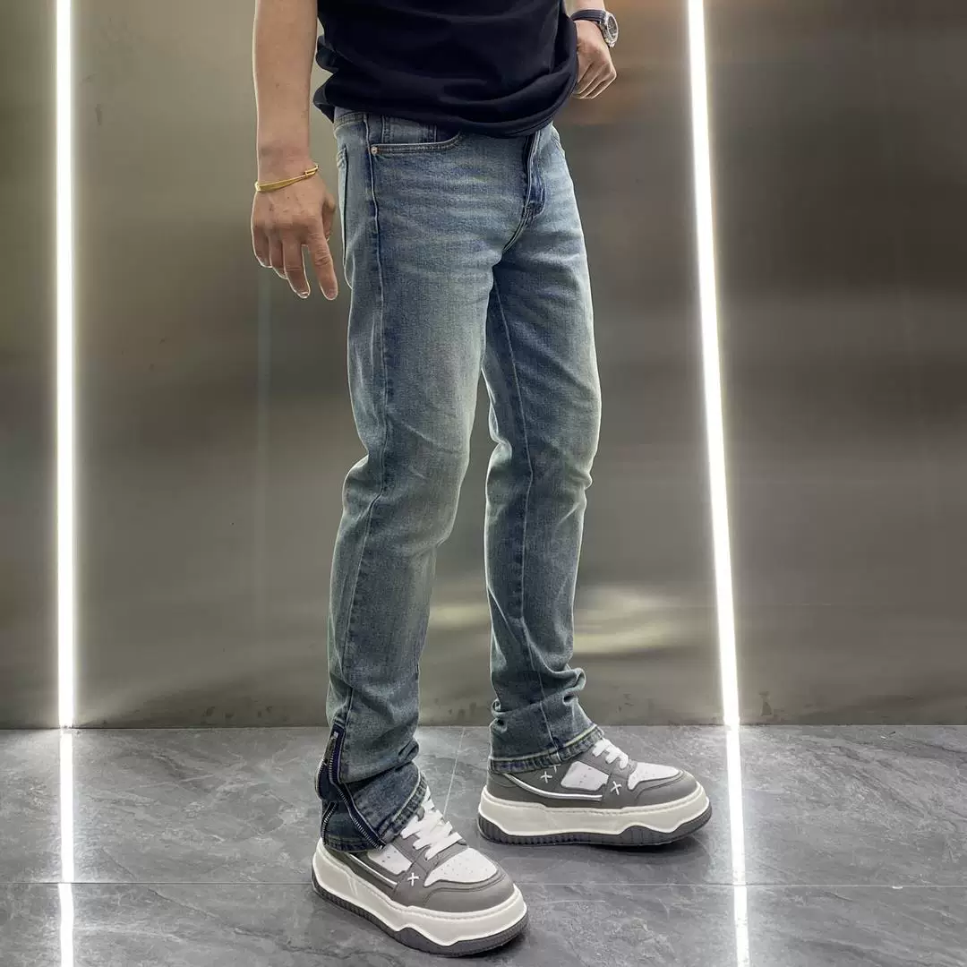 2025 Summer American style retro style ankle zipper, washed blue straight leg jeans, men's slim fit, light luxury, long pants trend