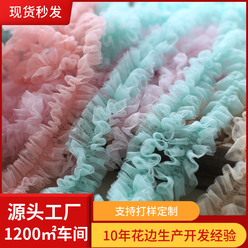 5cm Double-layer Polka Dot Mesh Lace Floral Pleated Lace Fabric DIY Lolita Hair Band Ear Edge