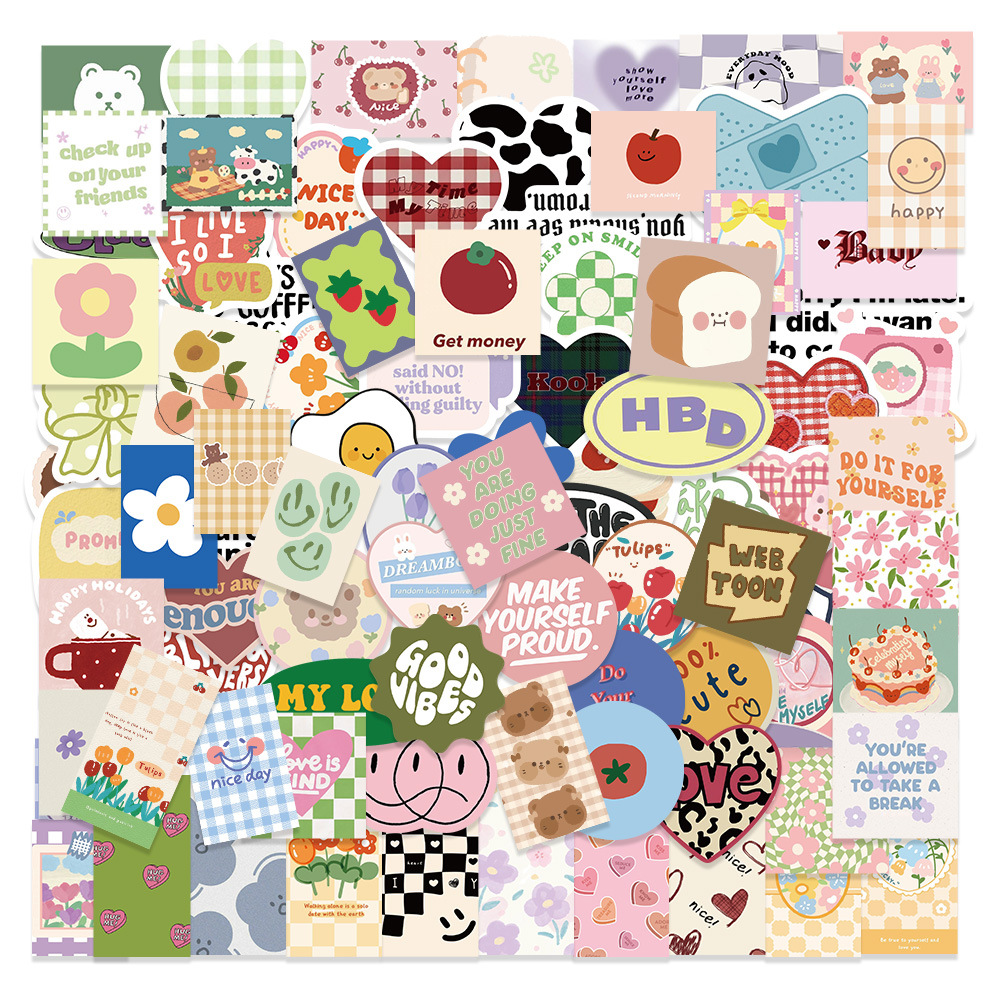 90 small red book ins full printed small floral rhombus chessboard grid cartoon stickers stationery hand account stickers cute decoration