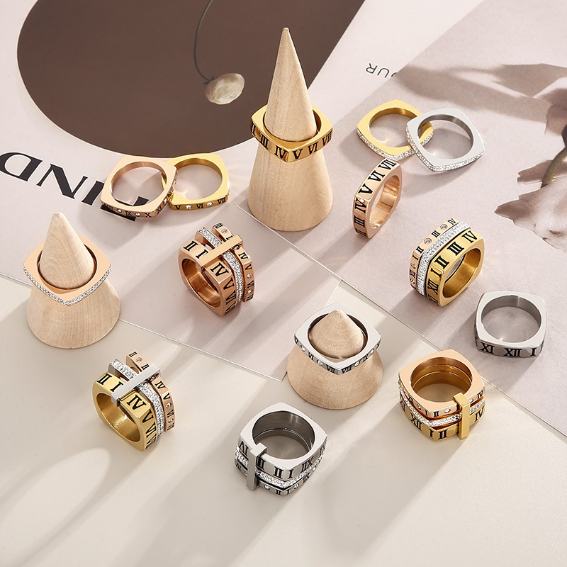 European and American style personalized multi-ring square combination ring fashion trendy diamond Roman numeral stainless steel ring