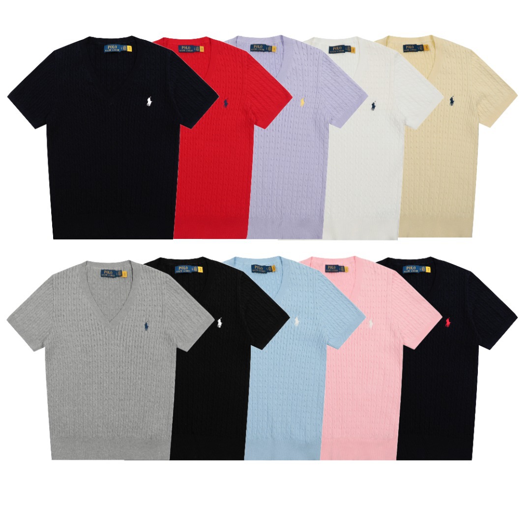 2025 New Summer Korean Style Casual V Neck Small Twist Pony Embroidered Short-Sleeved Knitted Top Women's Slim T-Shirt