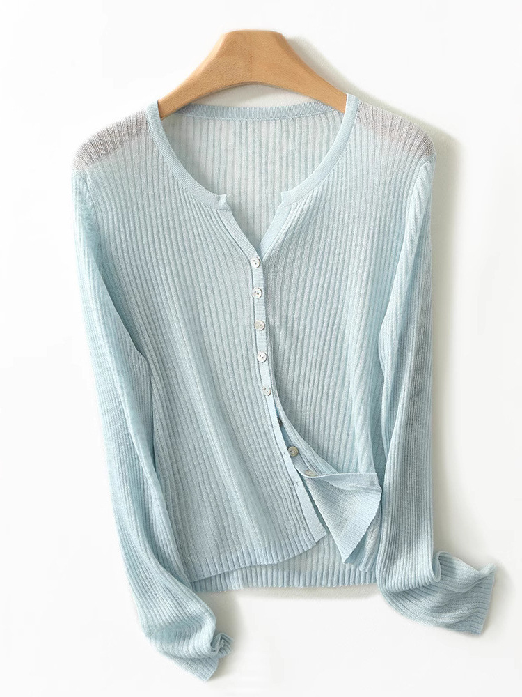 New French-Style Thin Cardigan with Round Neck, Ribbed Slim-Fit Knitwear for Women, Spring and Summer Long-Sleeve Top, Air-Conditioning Shirt