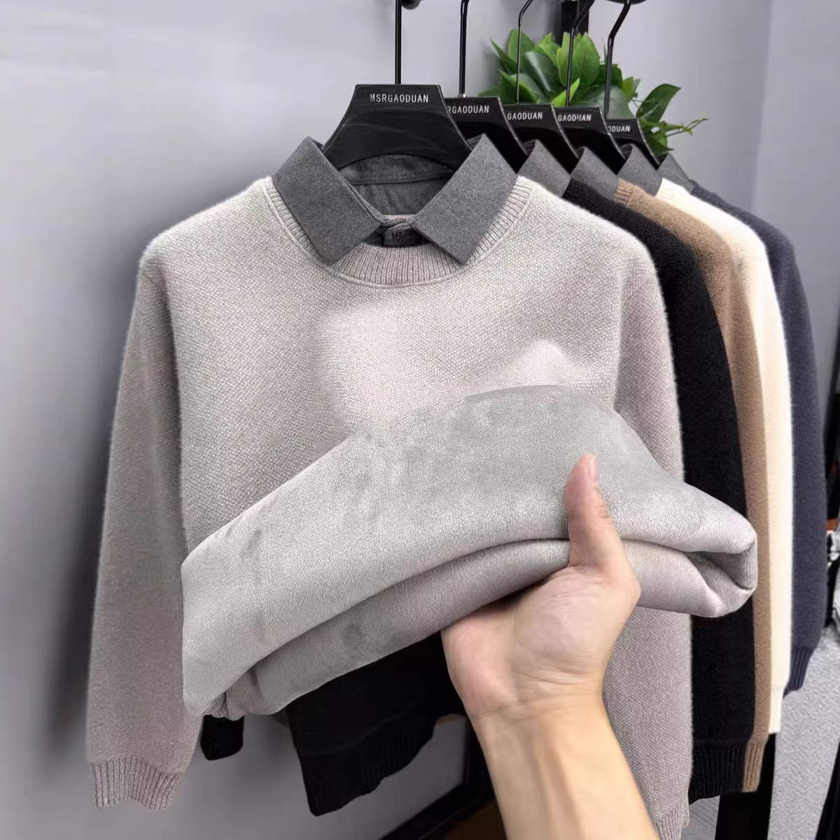 【Integrated Fleece】Shirt Collar Faux Two-Piece Sweater for Men, Thickened and Fleece-Lined, Warm Top, Chenille Knit Base Shirt