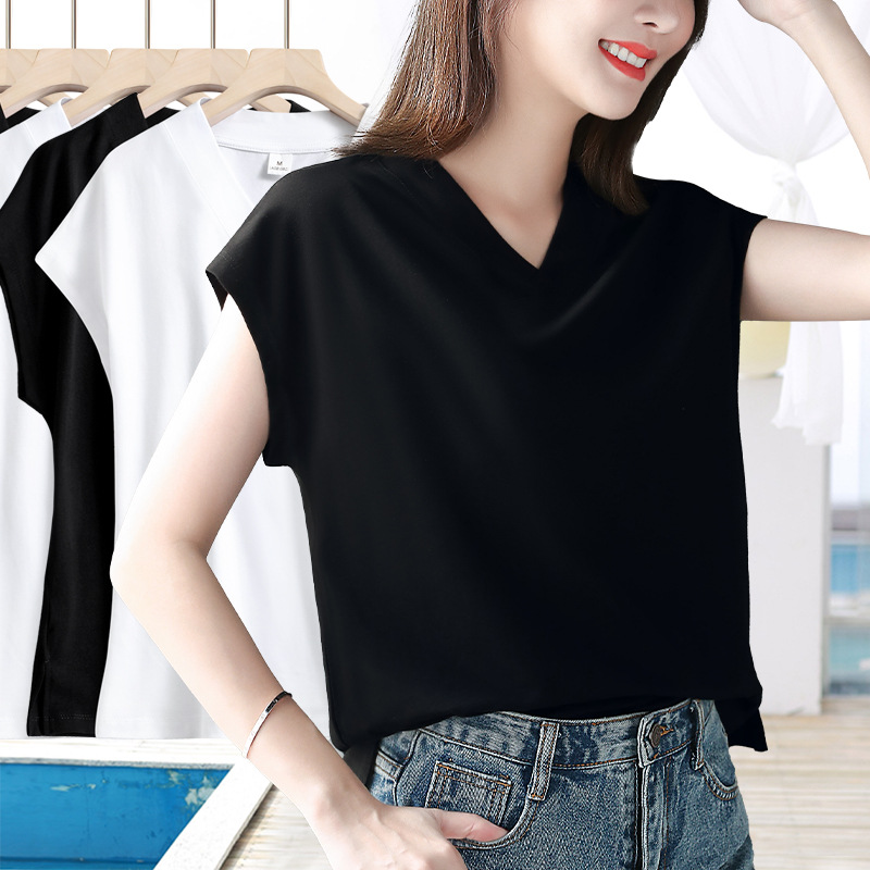 Black V-neck hem split shoulder short sleeve 2024 summer new T-shirt women's design sense chubby girl loose top