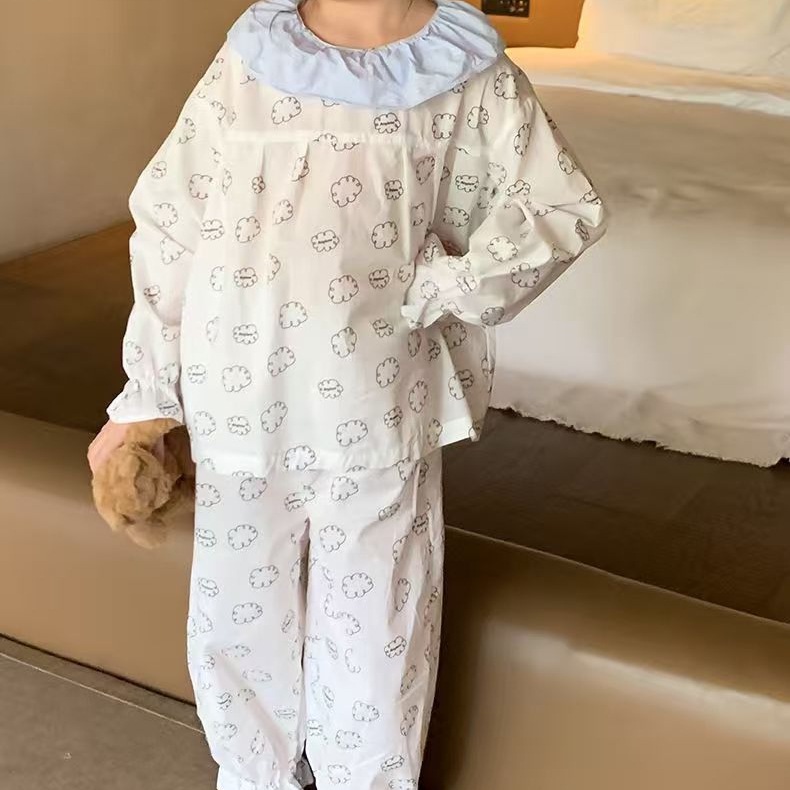 Spring and Autumn Girls' Home Wear Set, Stylish Children's Trendy Brand Sweet Doll Collar Plaid Cartoon Pajamas