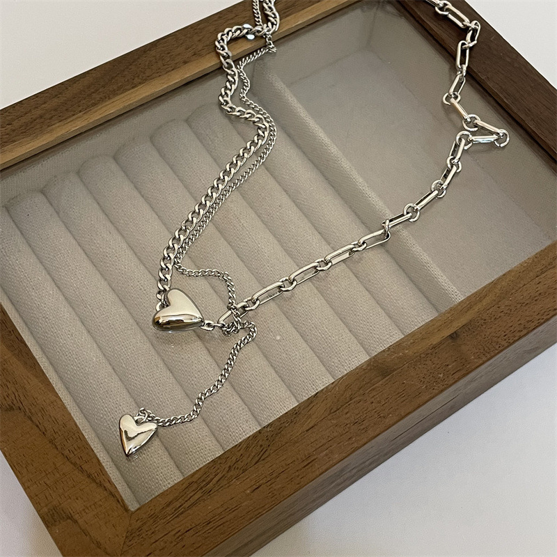 Fashion casual style love pendant double-layer tassel titanium steel necklace Women's Light luxury niche design hip hop sweater chain fashion