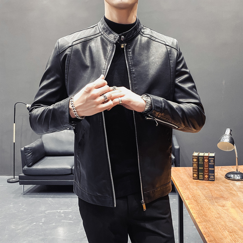 Autumn Leather Men's New Korean Fashionable Vertical Collar Slim-fit Spring and Autumn PU Leather Jacket Handsome Youth Jacket