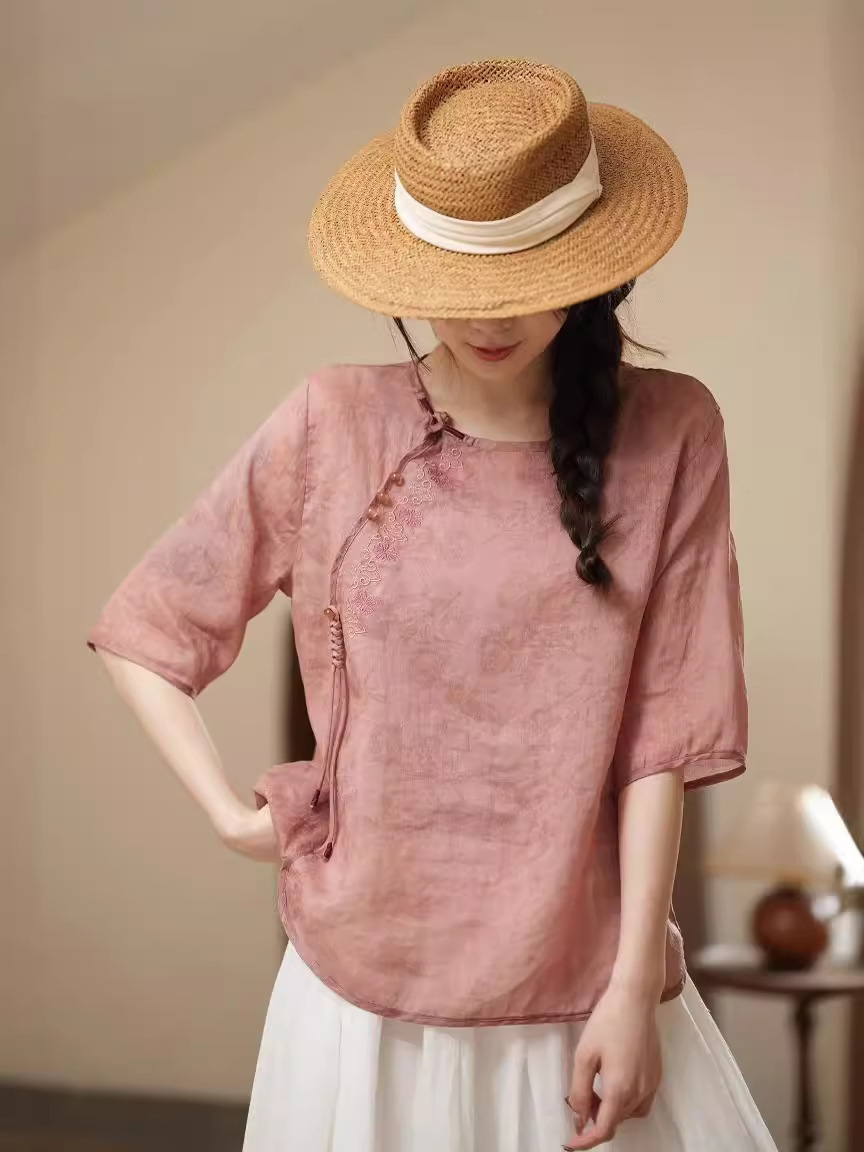 2025 New Summer Style Literary Jacquard Diagonal Placket Embroidered Top Loose Mori Women's Round Neck Ramie T-Shirt for Women