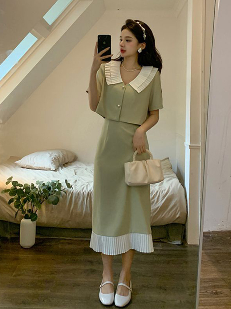 [Two-piece set] small fragrant style short shirt Women's loose short-sleeved top + color matching mid-length skirt A- shaped half-length skirt