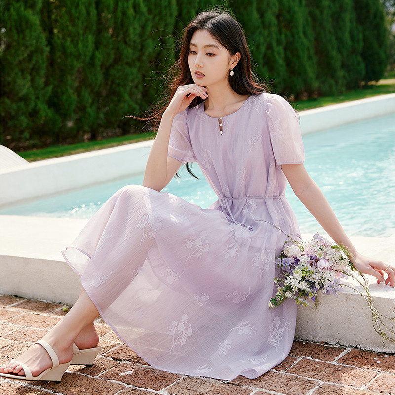 Xiangying Lavender Purple Printed Dress for Women 2026 Summer New Style Waist-Cinching Tie Gentle Style Puff Sleeve Dress