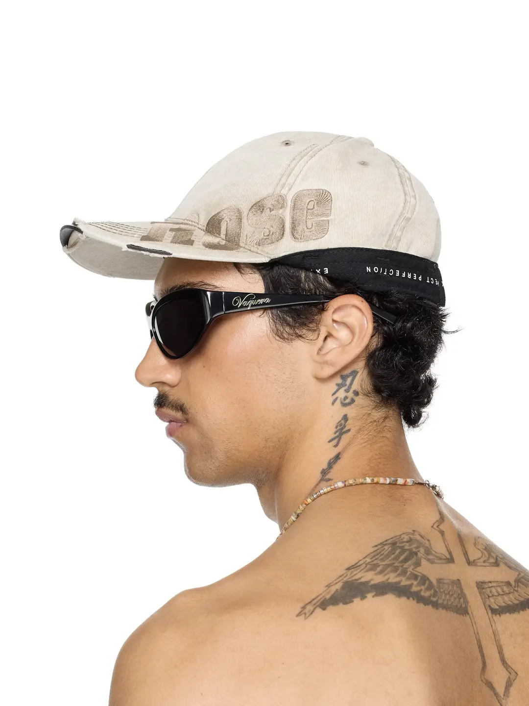 Martine Rose's new slogan, flip up logo, embroidered duckbill cap, washed away, faded, worn out, baseball cap