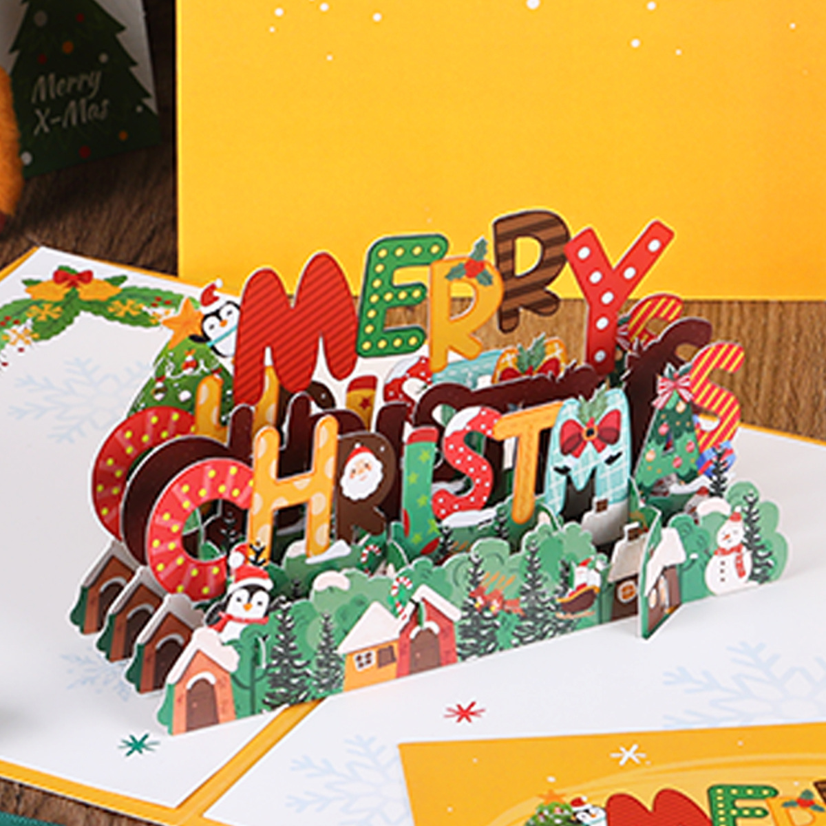 Cross-Border New Christmas Three-Dimensional Greeting Card Christmas Tree Little Penguin Cartoon Cute Paper Carving Handwritten Message Greeting Card
