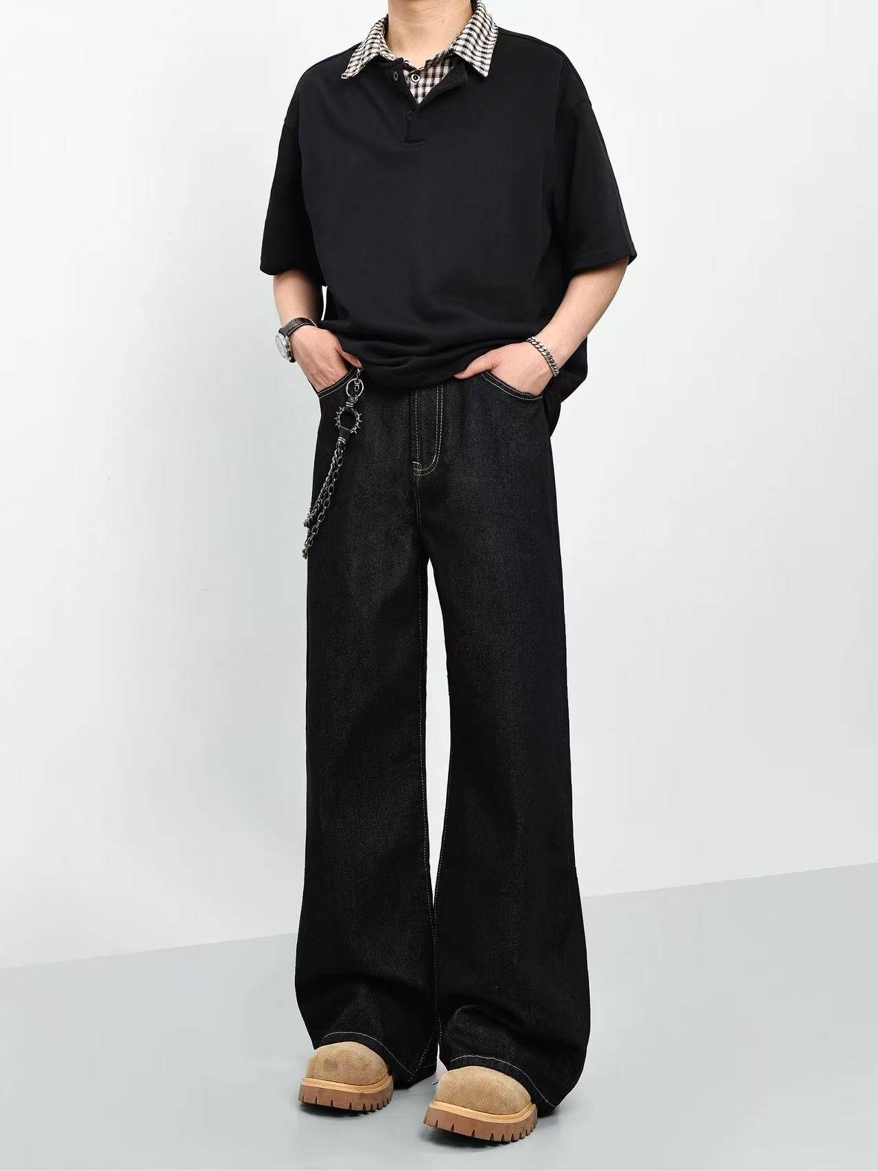 American Retro Raw Black Wide-Leg Jeans Unisex Loose Denim Straight Cleanfit Long Pants Trendy Brand