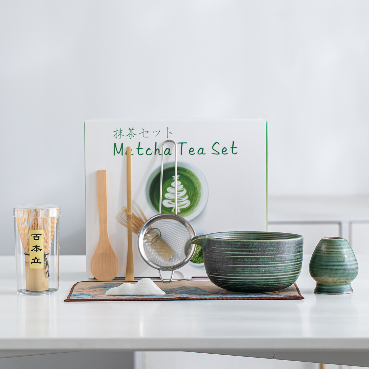 Cross-Border Ceramic Matcha Bowl, Japanese-Style Kiln-Fired Spiral Matcha Tea Set, Tea Whisk, Tea Tray, Song Dynasty Tea Utensils
