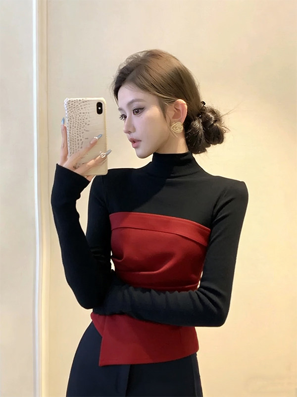 Korean-Style Niche Non-Crowded Design Tops, Black Patchwork Half-High Collar Ruched Long-Sleeve T-Shirt for Women, Spring and Autumn
