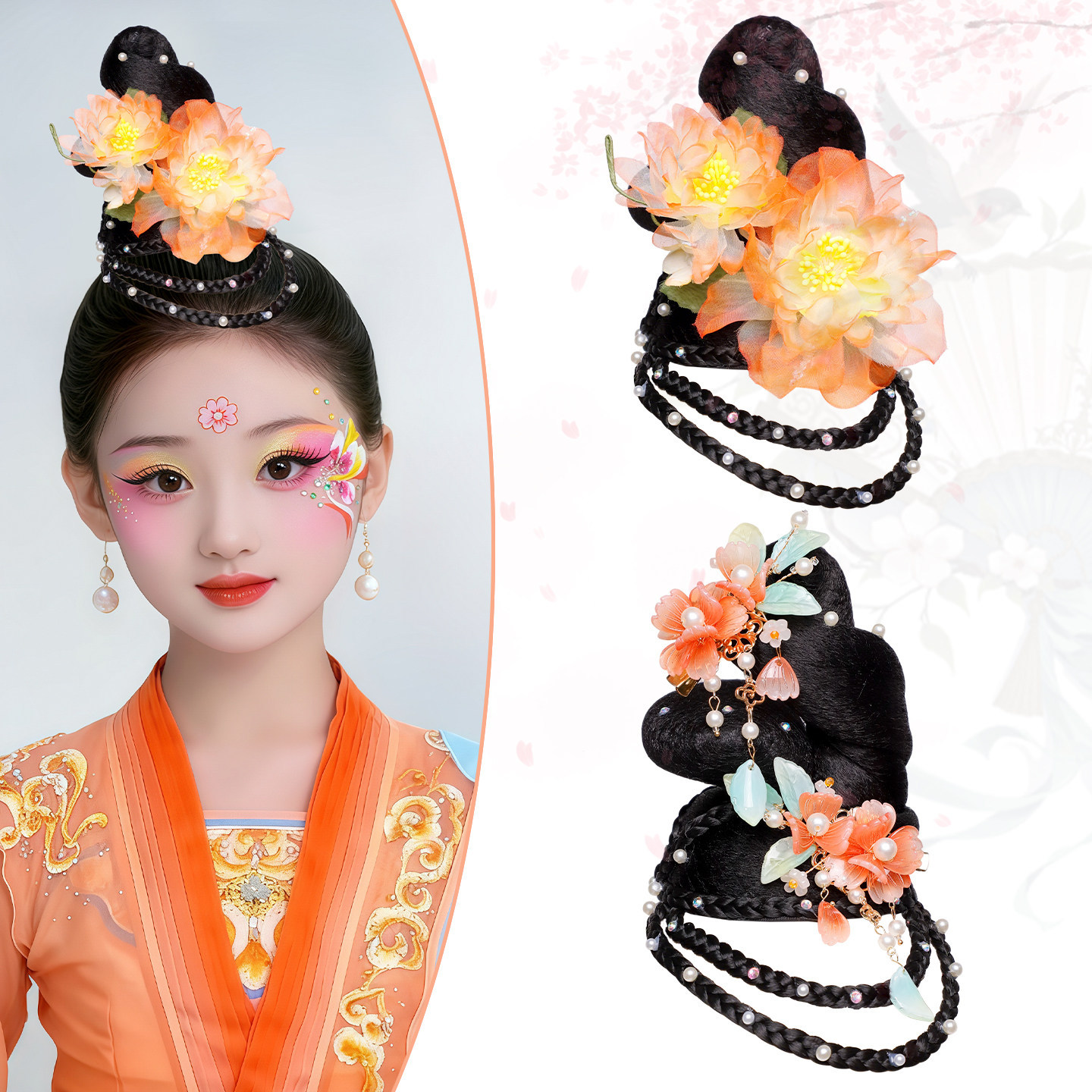 Hanfu Ancient Costume Versatile Fresh Silk Flower Butterfly Hair Accessory Ancient Style One-Piece Cute Girls' Wig Headpiece