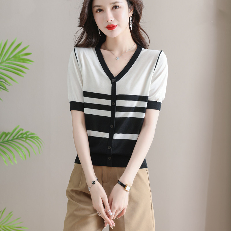 1688 Summer Chicken Collar Ice Silk Knitted Sweater Thin Short-sleeved Mulberry Silk Striped T-shirt Mother Tencel Top Women's Summer