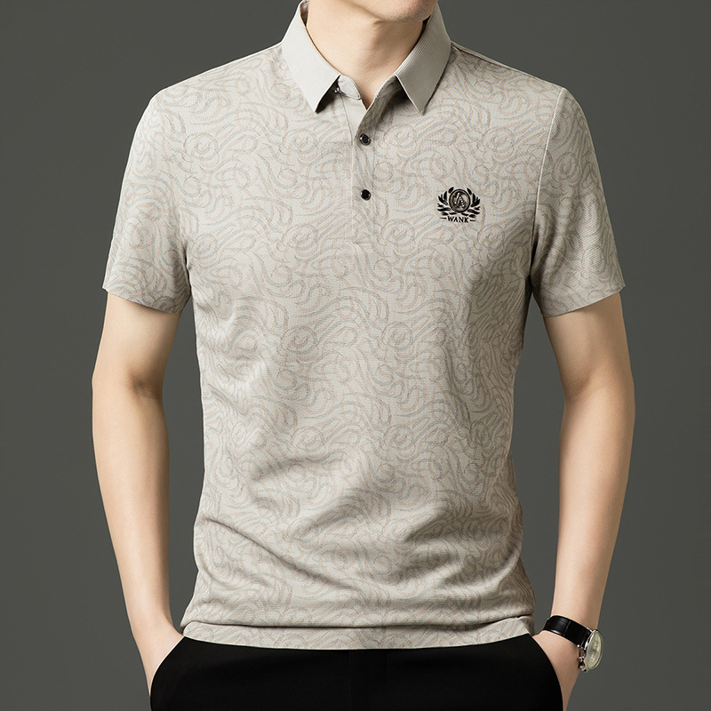 Summer Ice Silk Cool New Polo Shirt Men's T-Shirt Printed Trendyy Business Lapel Short-Sleeved High-End Men's T-Shirt