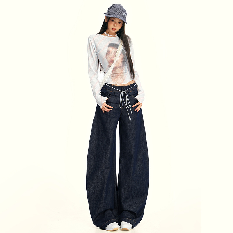 Ruffled Double Waistband Scimitar Jeans for Women 2025 Autumn New Design High-Waisted Loose Slimming Wide-Leg Pants