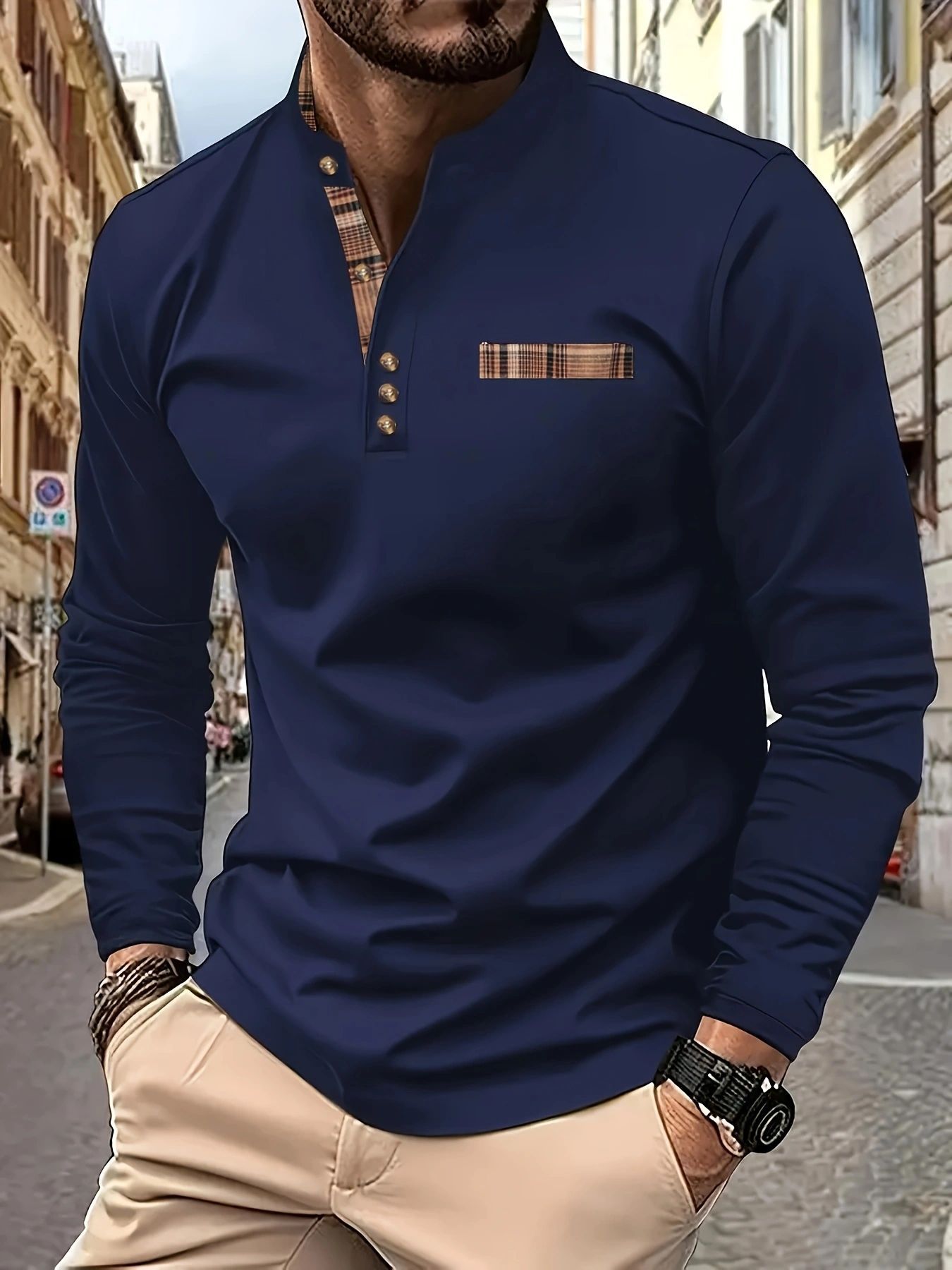 Cross-border Foreign Trade New Spring and Autumn Daily Casual Men's Base Shirt Solid Color Stitching Collar Polo Shirt Men's 2025