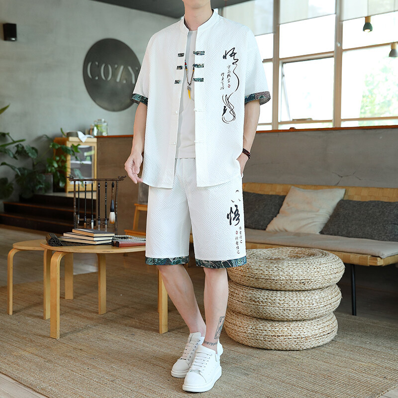 Chinese Style Men's Summer Casual Short-Sleeved Shorts Suit Men's Short-Sleeved T-Shirt Shorts Trendy Two-Piece Set for Men