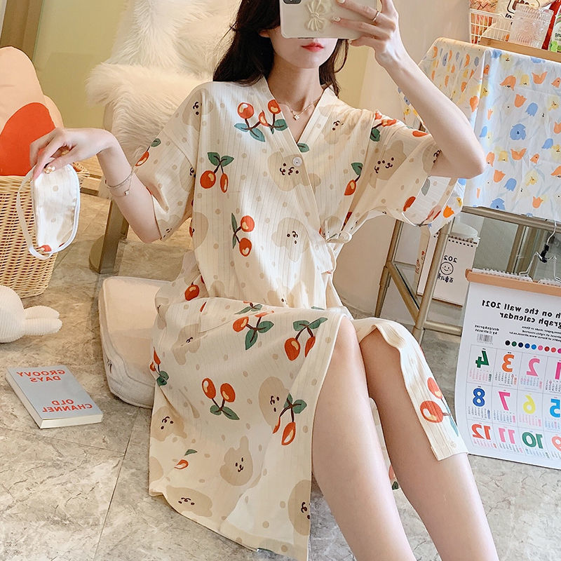 Kimono Nightgown for Women Summer New Short-Sleeved Nightgown Home Japanese Lace-Up Pajamas for Women Mid-Length Sexy Bathrobe for Women