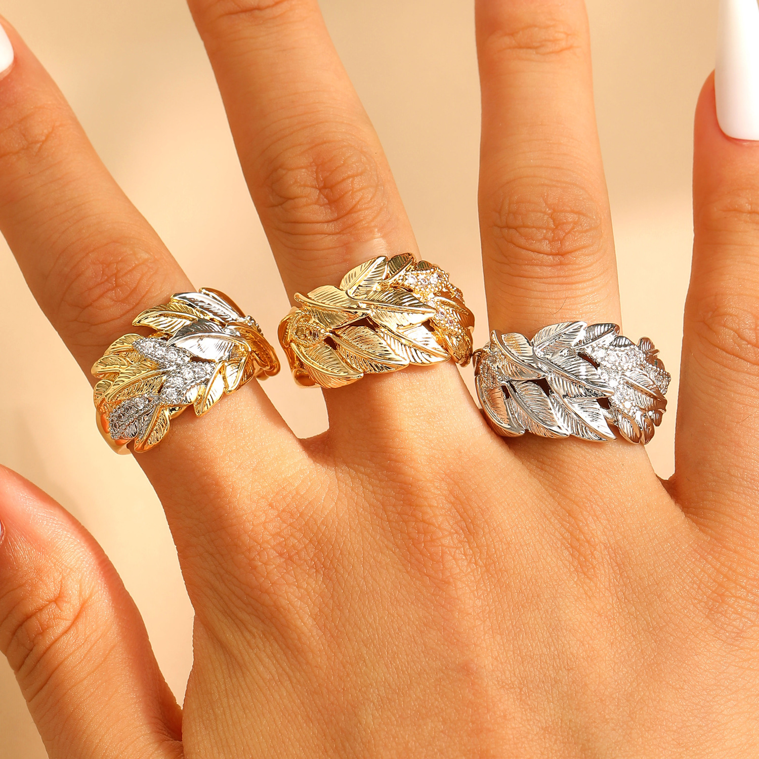 European and American Light Luxury High-End Leaf Texture Copper Inlaid Zircon Olive Branch Ring for Women, Adjustable Heavy Craftsmanship Gold-Plated Index Finger Ring