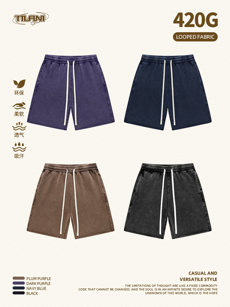 TILANI Men's High Street Fashion Brand 420G Heavy Curl Shorts Men's and Women's Summer Washed Retro Casual Sports Pants