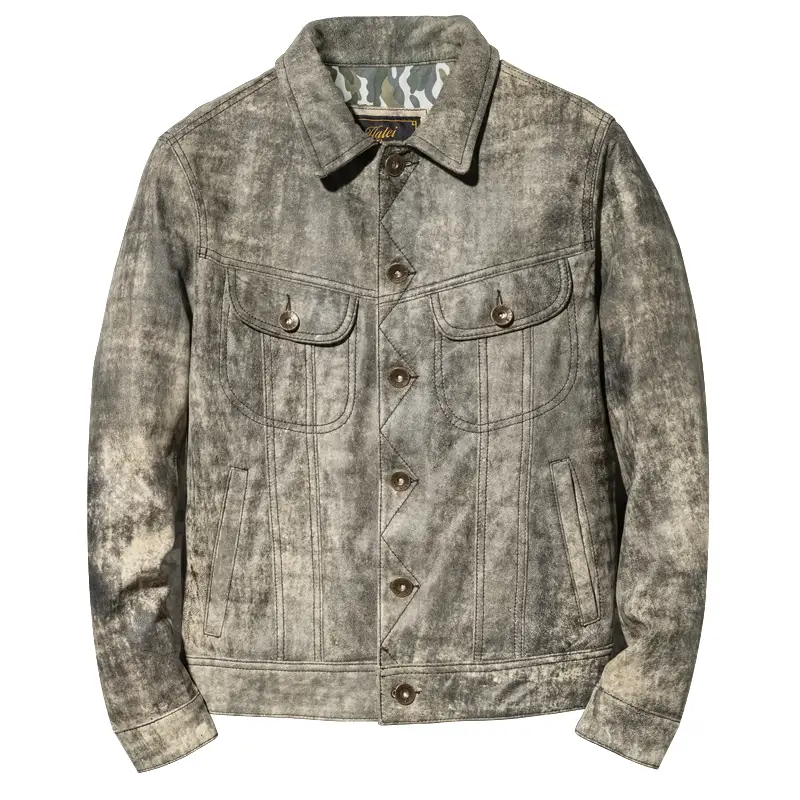 First Layer Goatskin Genuine Leather Ami Khaki Retro Denim Jacket Men Lapel Short silm Outwear