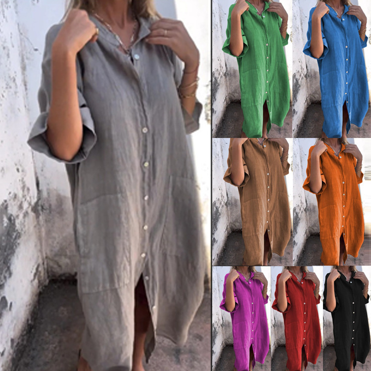 2024 New European and American Spring and Summer European and American Style Loose Casual Middle Sleeve Cotton Linen Shirt dress Women