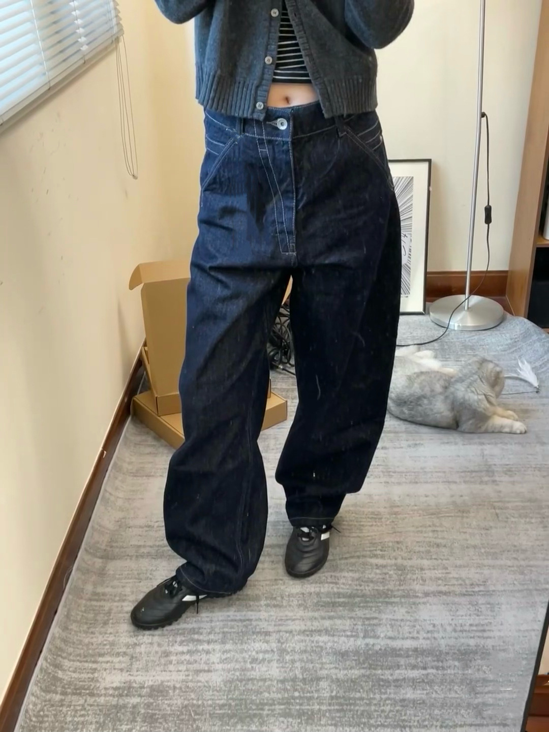A3 Loose Casual Wide-leg Jeans Retro Tannin Primary Color Neutral Mid-high Waist Crotch-off Jeans Women's 3076