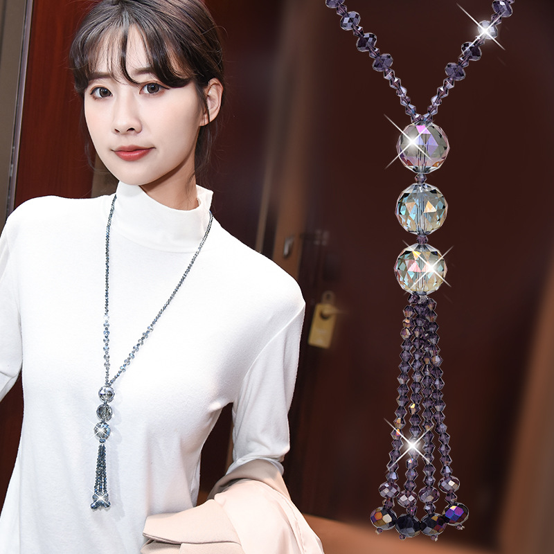 Factory direct new crystal three ball tassel sweater chain simple fashion temperament necklace accessories cross-border exclusive