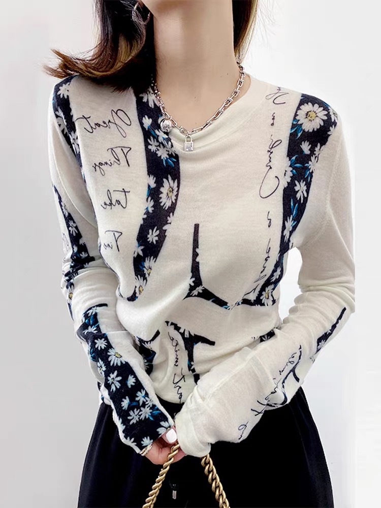 Western-style Thin Micro-transparent Printed Round Neck Cashmere Sweater Women's Spring New Loose All-match Wool Base Shirt