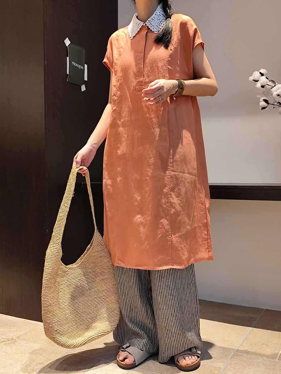 PLUS Strict Selection of Suding Heavy Water-soluble Lace Stitching Linen dress 100% Linen Loose Lazy Sleeve