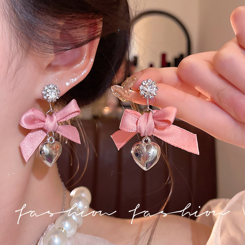 Ins-Style Pink Bow Heart Pendant Earrings for Young Ladies, Unique and Sweet Holiday Style Earrings Wholesale