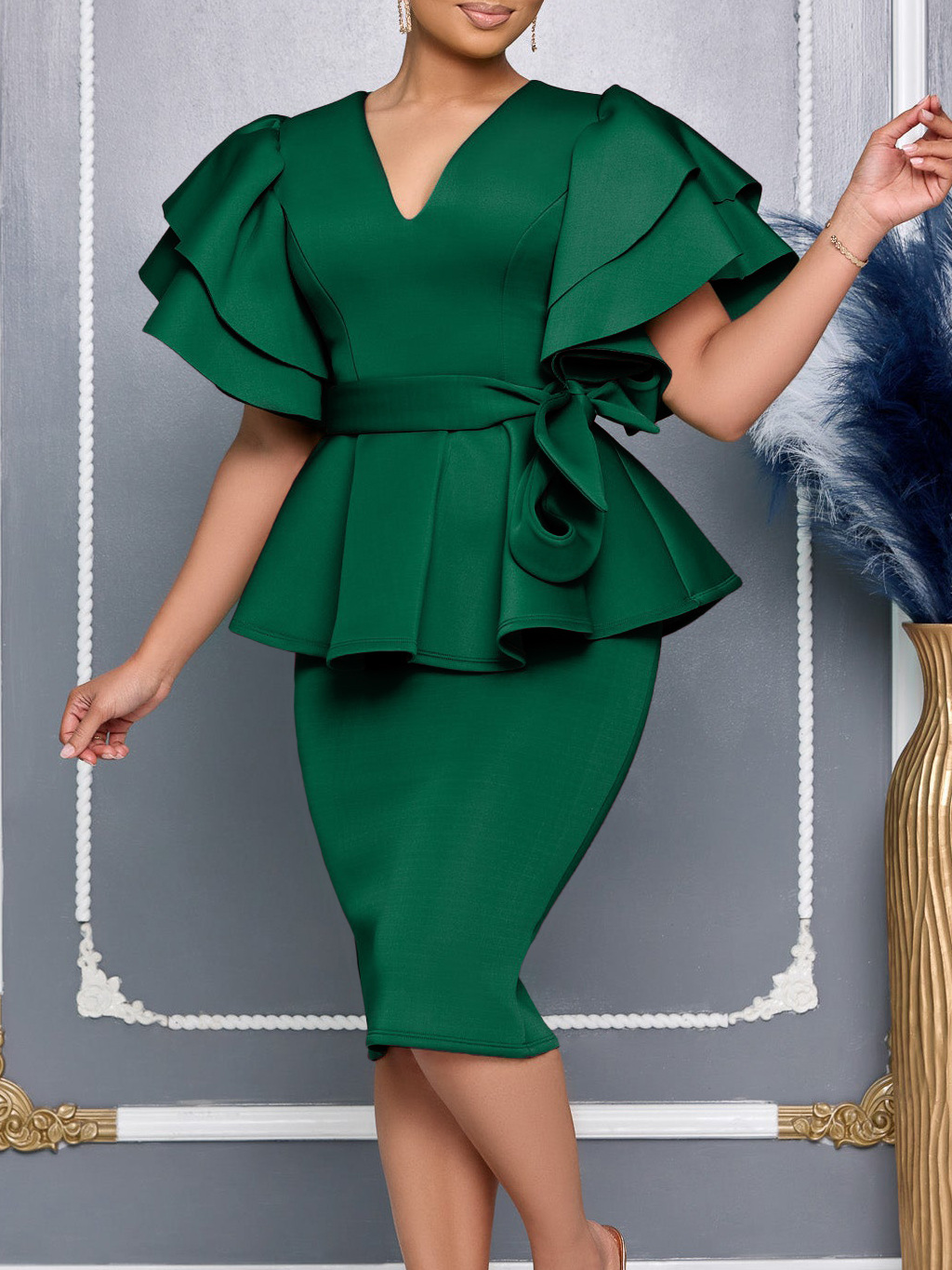 D3314 Amazon New Fashion Elegant Ruffled Solid Color Hip Banquet Dress African dress