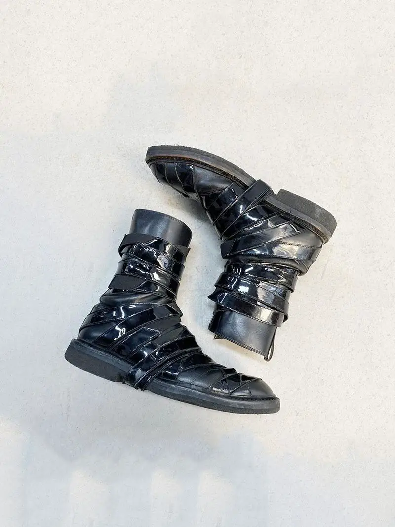 2025 Spring/Summer New Men's Martin Boots 2023 Winter Launch Top layer Cowhide Lacquered Leather Middle tube Strap Boots
