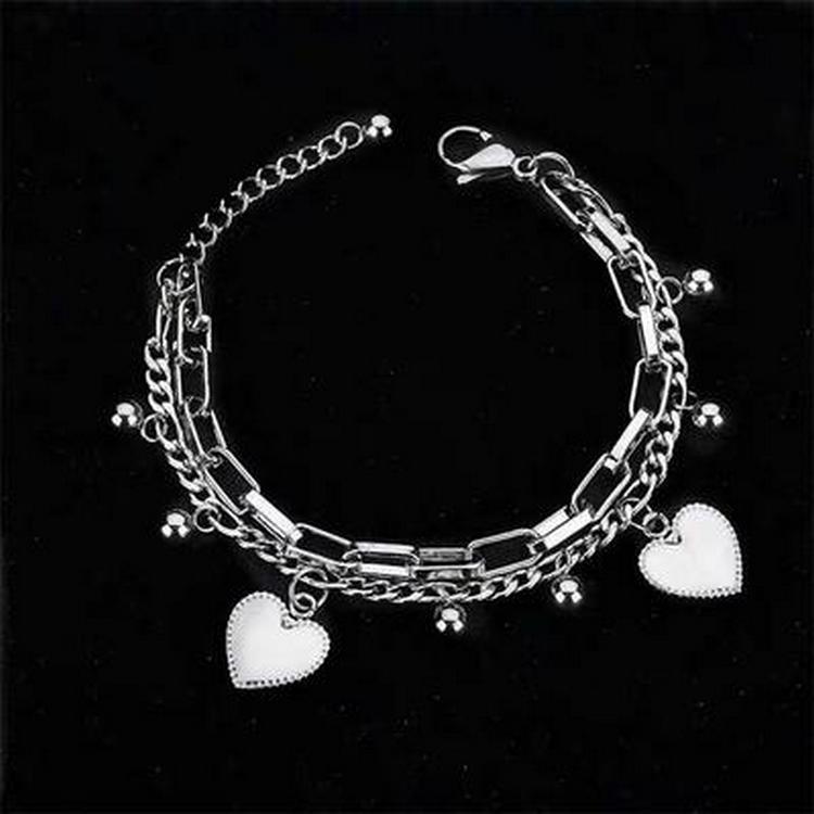 Japanese and Korean Harajuku Style Fashion European and American Hip-Hop Bracelet Wholesale Trendy Street Style Accessories Cool Heart-Shaped Double-Layer Bracelet for Women