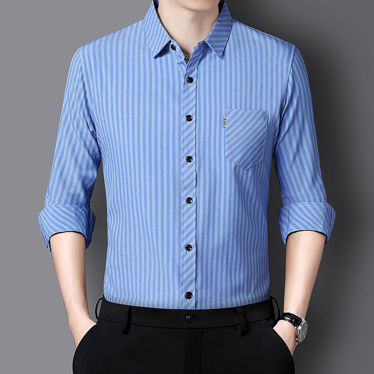 Cross-Border Foreign Trade Spring and Autumn Men's Long-Sleeve Shirt with Real Pockets, Business Casual, Middle-Aged, Wrinkle-Free Striped Shirt Men's Clothing