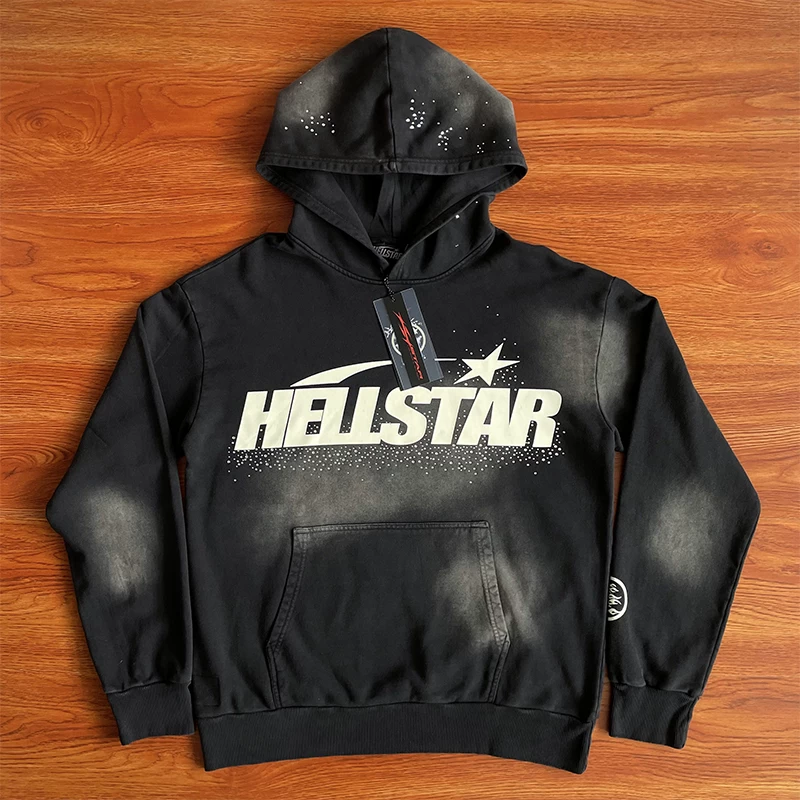 HELLSTAR STUDIOS连帽卫衣大logo洗水镶钻青年休闲套头卫衣黑色重工装饰秋季长袖连帽卫衣
