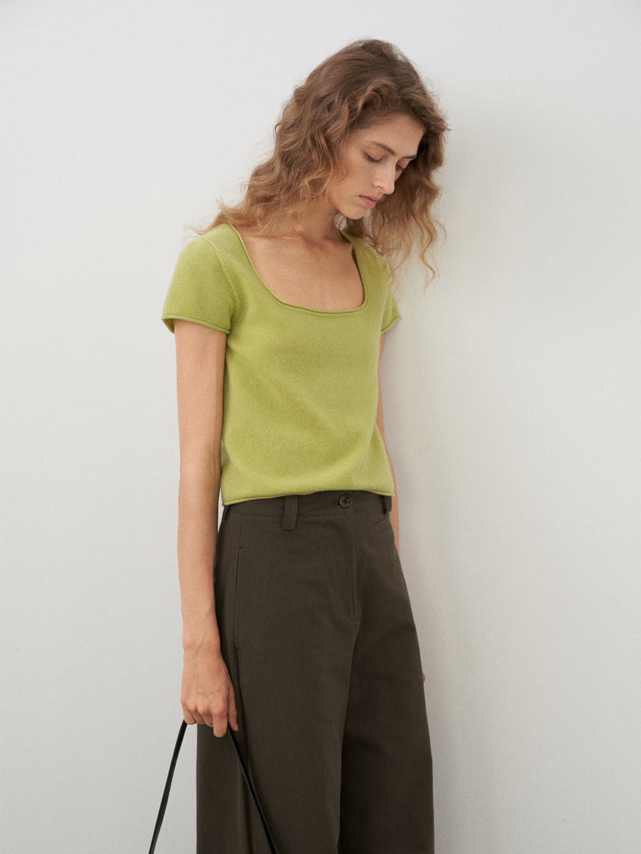 Love and Nancy Thirteen Lines Autumn Original Atmosphere Square Neck Curled Atmosphere Lazy Wool Short Sleeve T-Shirt 30788