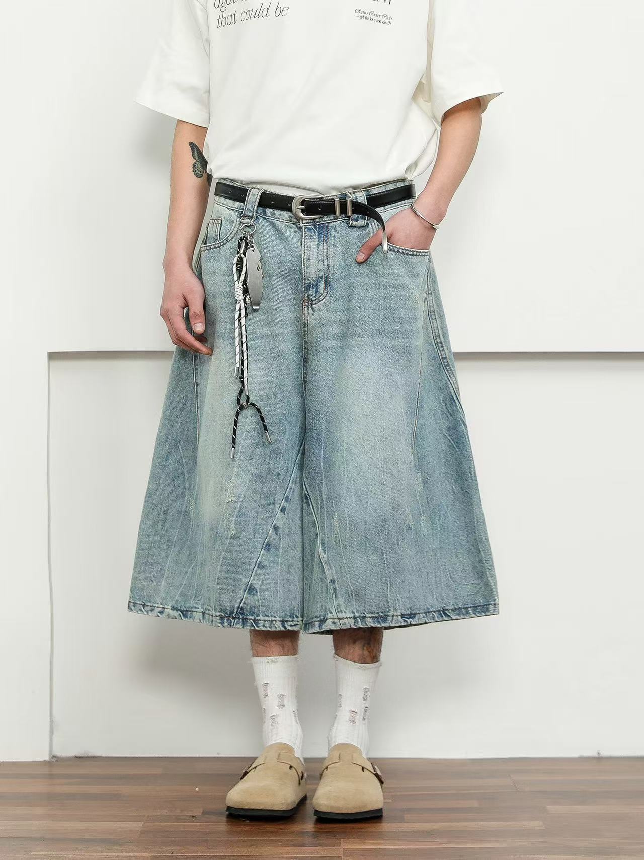 American Style Retro Deconstructed Washed Loose Blue Denim Shorts Trendy Brand Design Wide Leg Seven-point Medium Pants for Men and Women