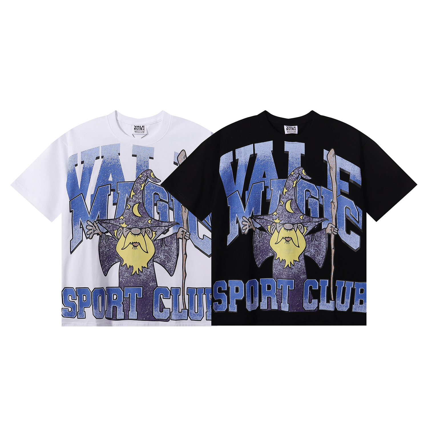 Trendy Vale Magic Magician Print High-Quality Double Yarn Heavy Cotton Trendy Brand Casual Short Sleeve T-Shirt for Men and Women