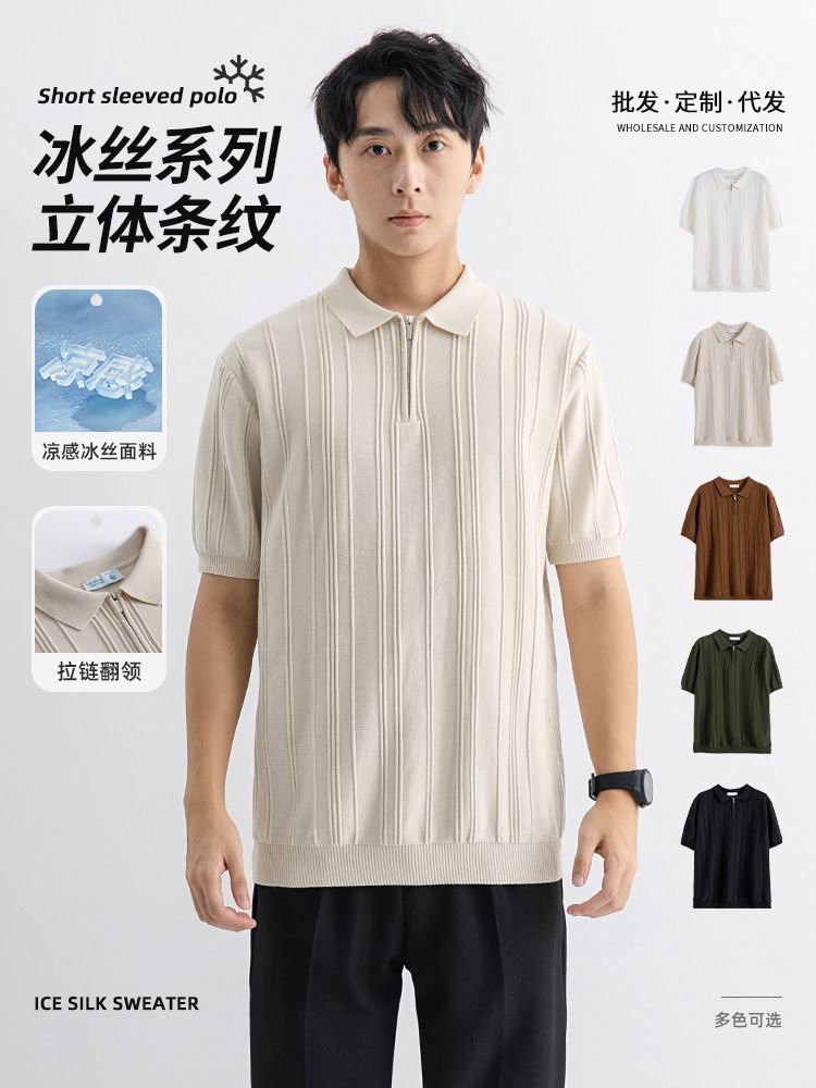 Men's Business Polo Shirt, Men's Short-Sleeved T-Shirt, Summer Casual Loose Ice Silk Knitted Men's Trendy Brand Top for Men Foto QC de 1688 na Qualit.ly