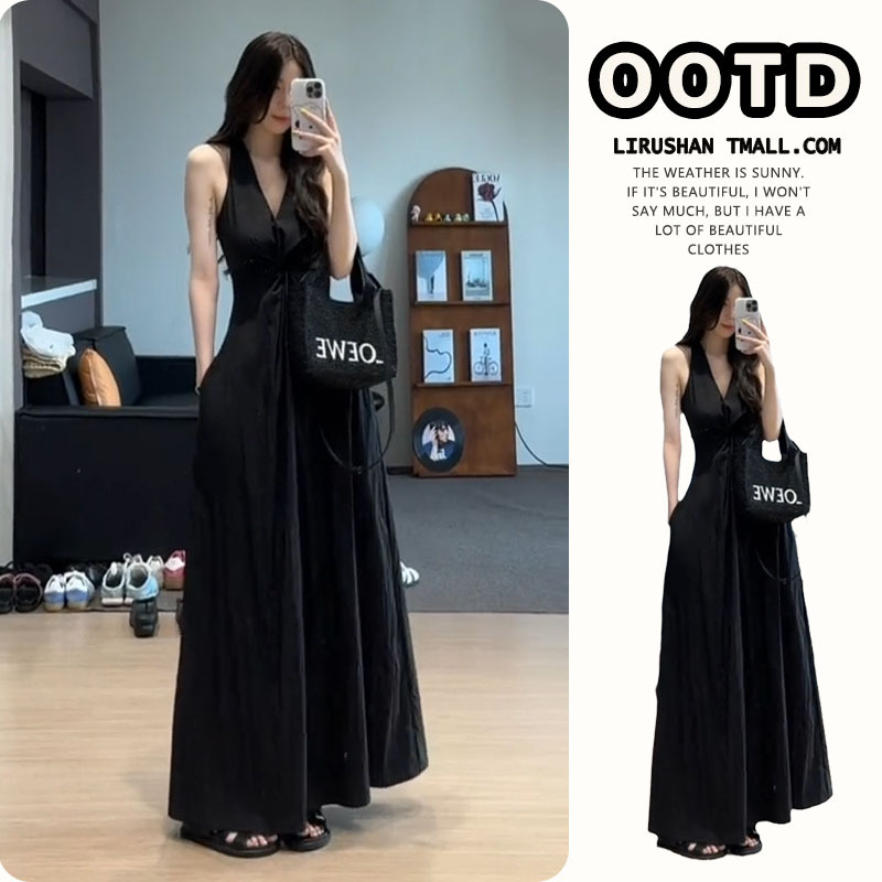 Light Luxury and High-End Black Halter Neck Dress for Women, Summer 2026 New Style, Elegant Ankle-Length Dress