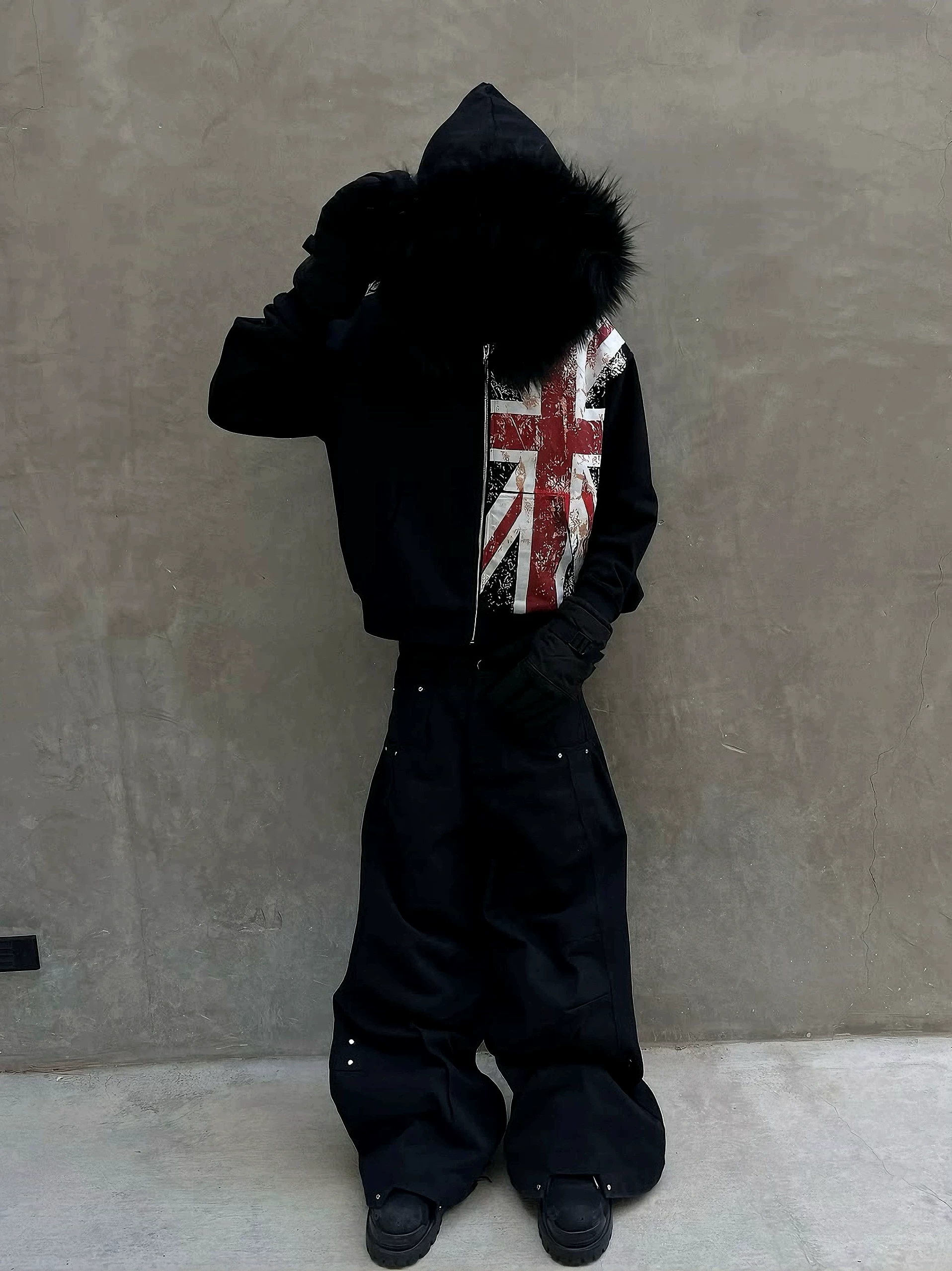 Opium YVL style rice flag print fur collar hooded zipper hoodie Hoodie unisex hip-hop