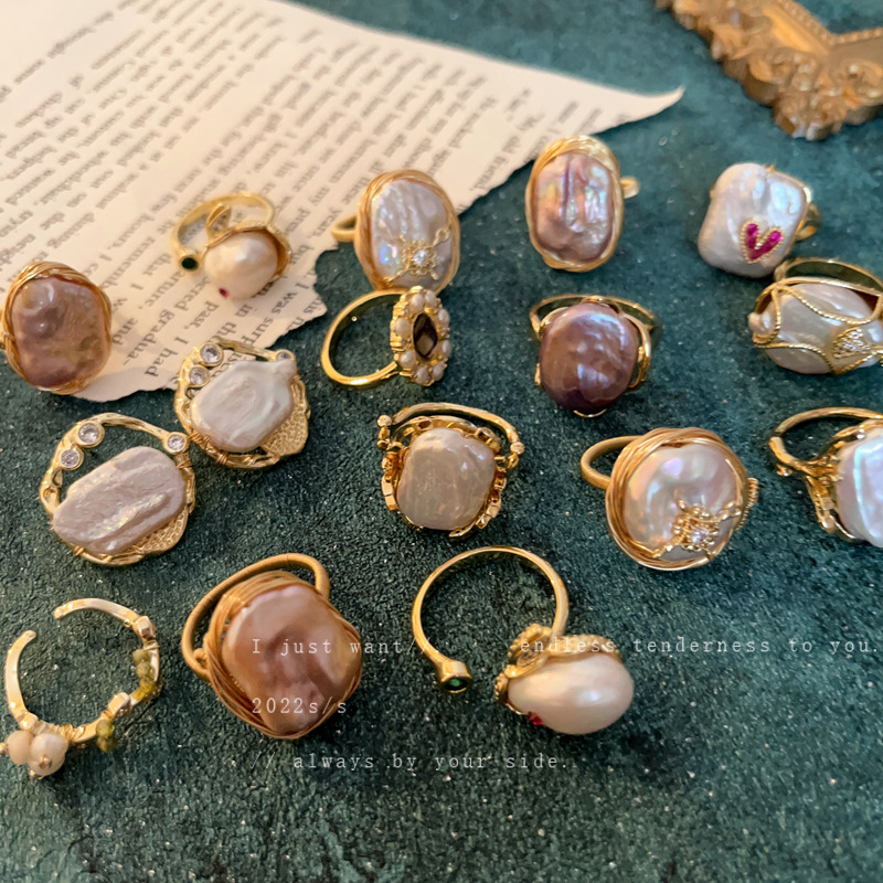 Baroque Irregular Freshwater Pearl Open Ring French Retro High-End Index Finger Ring Light Luxury Ring Bracelet