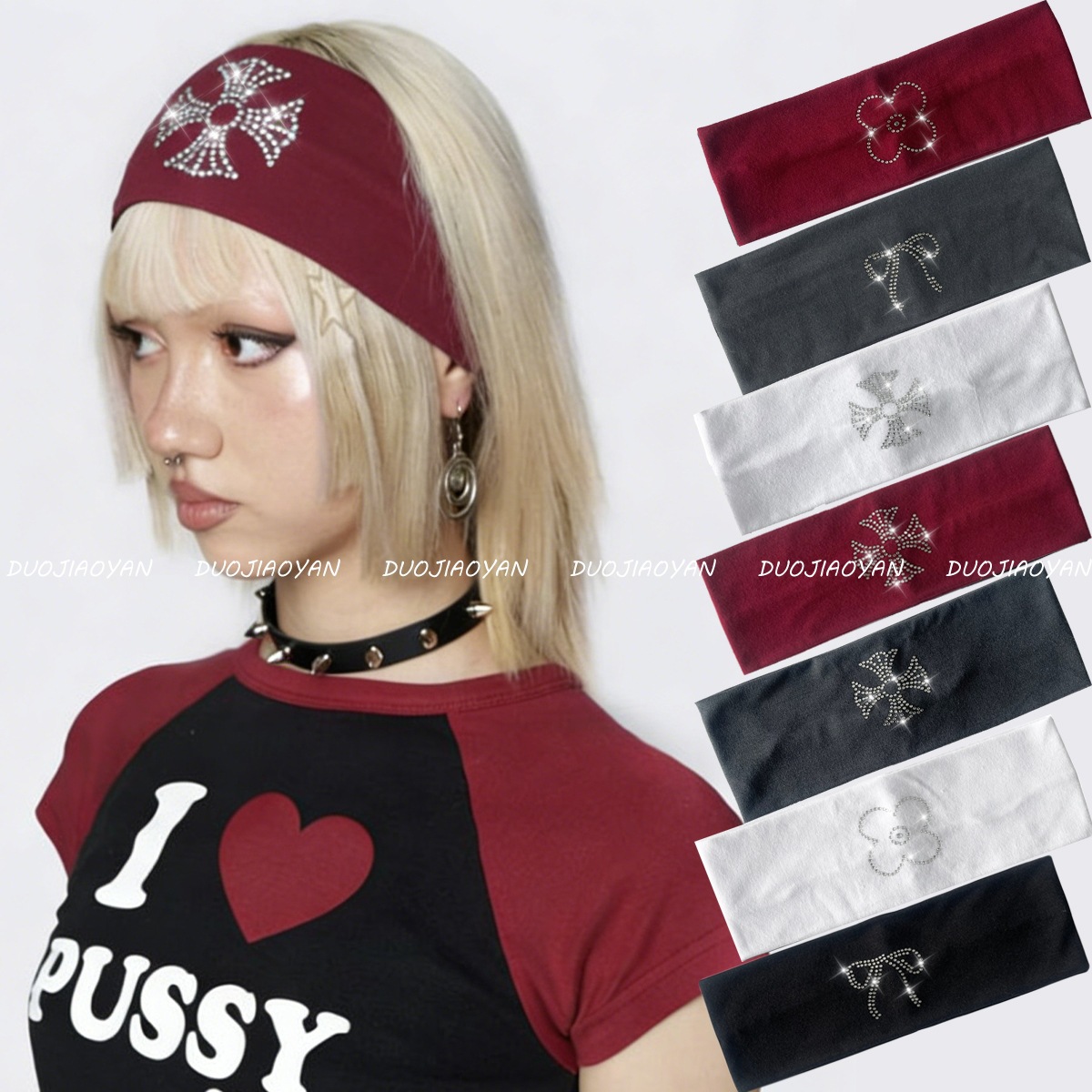 Retro Street Punk Style Rhinestone Headband, Fashionable Elastic Wide-Brimmed Hair Accessory, Sports Sweat-Absorbing Hair Scarf for Women, Versatile