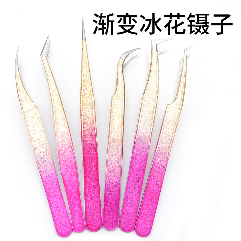 Wholesale Grafted Eyelashes Gradient Ice Flower Tweezers High-Precision Nano Stainless Steel Eyelash Tweezers False Eyelash Curler